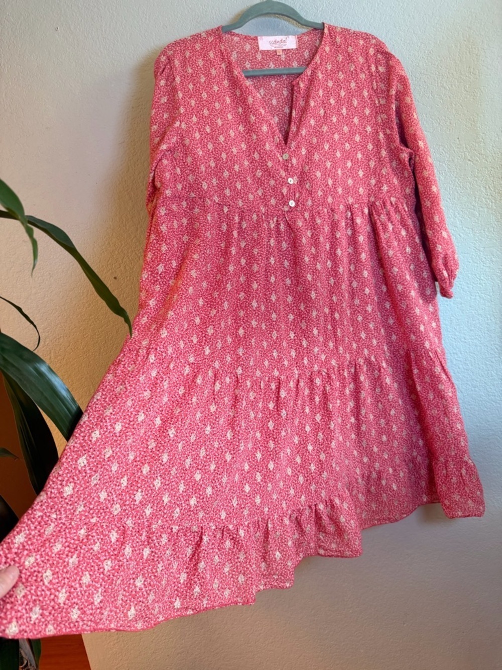 Scandal Ordell Cotton Pink Gold Bohemian Tiered Balloon Sleeve V-neck Dress L - Picture 4 of 10